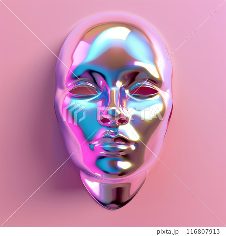 3D glossy holographic face mask with metallic surface on pink background, minimalistic design 116807913
