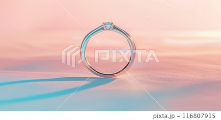 Diamond Engagement Ring On Soft Pink And Blue Pastel Background. Minimalistic Diamond Ring. Generative AI 116807915