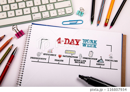 4-day work week. Notepad and computer keyboard on white office table 116807934