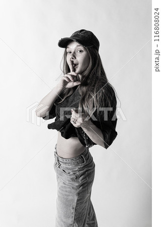 portrait lady look person beautiful beauty hair background cap face model modern hand white young 116808024