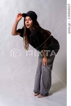 jacket smile female white posing background jeans happy full isolated clothes girl cap 116808027