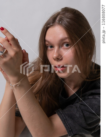 background portrait beautiful beauty person hair cap white look hand lady modern young face model 116808077