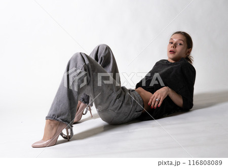 lady modern portrait face look background white hand beauty model hair person young lady modern portrait face look background white hand beauty model hair person young 116808089