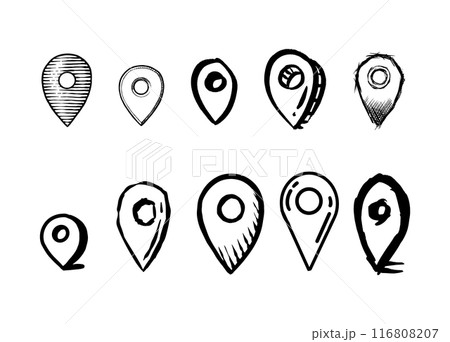 Hand drawn Map pins, doodle navigation, sign location. Set isolated on white background. Hand drawn Map pins, doodle navigation, sign location. Set isolated on white background. 116808207