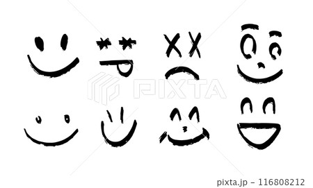 Simple Faces. Vector Happy Doodle Smile, cartoon emoticons set on White Background. Joyful and 116808212