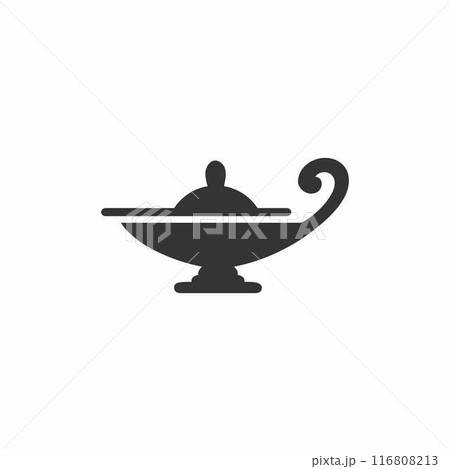 Aladdin lamp flat style silhouette. A black and white illustration of a magic lamp isolated on white background. Aladdin lamp flat style silhouette. A black and white illustration of a magic lamp isolated on white background. 116808213