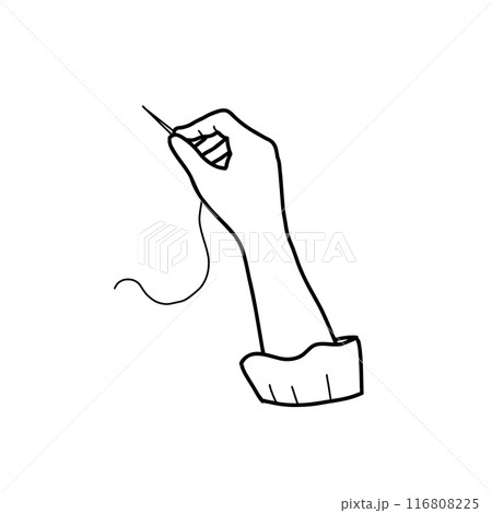 Female Hand holding Needle with Thread isolated on a white background. Hand drawn Vector Illustration. Vintage style. Outline graphics of Hobby, Sewing and Embroidery Needlework. 116808225