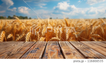 Old wooden table overlooking a vast wheat field, highlighting the beauty of rural landscapes. Perfect for nature websites and blogs. Old wooden table overlooking a vast wheat field, highlighting the beauty of rural landscapes. Perfect for nature websites and blogs. 116808535