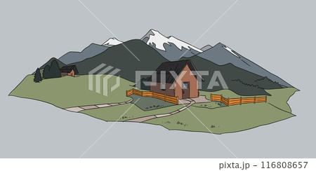 Flat vector illustration sketch of abstract mountain landscape with cozy log cabin on green foothills and snowcapped mount peaks. Simple decorative cartoon graphic logo design concept of nature. 116808657