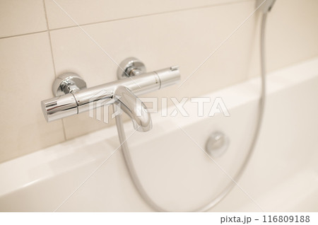 Close up picture of new bathroom fitment in a clean bathroom 116809188