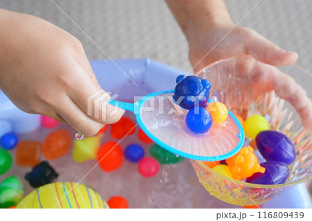 小学生の子供が庭でボールすくいを楽しんでいる様子。ポイの上にのっているスーパーボール。 小学生の子供が庭でボールすくいを楽しんでいる様子。ポイの上にのっているスーパーボール。 116809439