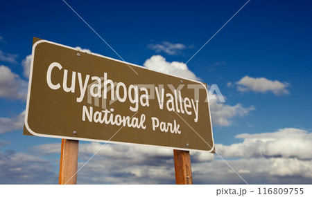Cuyahoga Valley National Park (Ohio) Road Sign Against Blue Sky and Clouds. 116809755