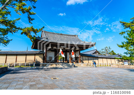 【奈良県】綺麗な青空が広がる法隆寺の南大門 【奈良県】綺麗な青空が広がる法隆寺の南大門 116810098