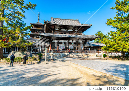 【奈良県】綺麗な青空が広がる法隆寺の中門 116810100