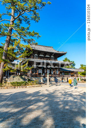 【奈良県】綺麗な青空が広がる法隆寺の中門 【奈良県】綺麗な青空が広がる法隆寺の中門 116810104