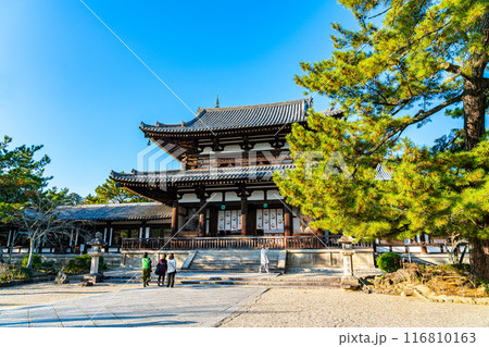 【奈良県】綺麗な青空が広がる法隆寺の中門 116810163