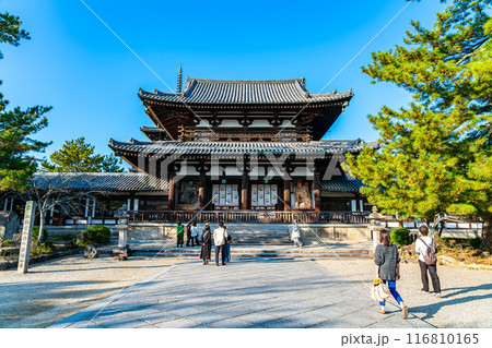 【奈良県】綺麗な青空が広がる法隆寺の中門 116810165