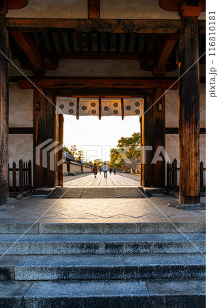 【奈良県】夕暮れの光が差し込む法隆寺の東大門 116810181