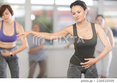 Group of female beginners rehearsing ballet dance 116810509