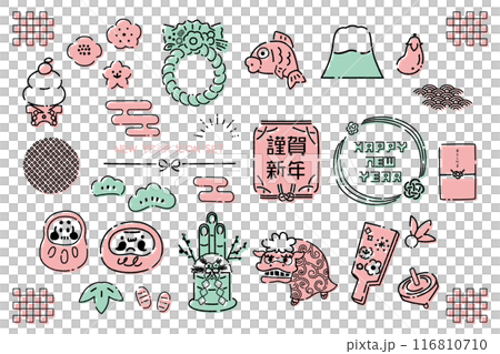 New Year's hand-drawn illustration line drawing set 2 116810710