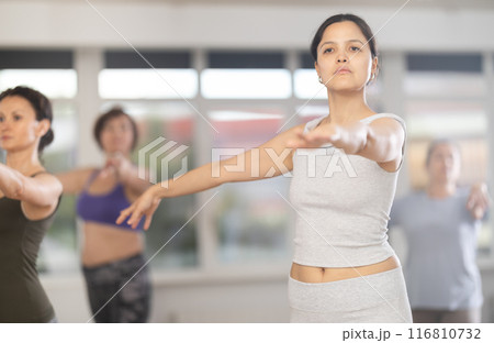 Group of female beginners rehearsing ballet dance 116810732