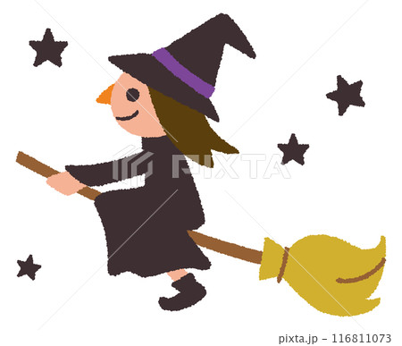 星の間をホウキにまたがり飛ぶ魔女／かわいい手描きのハロウィンベクターイラスト 116811073