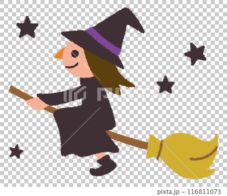 星の間をホウキにまたがり飛ぶ魔女／かわいい手描きのハロウィンベクターイラスト 116811073
