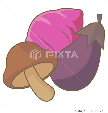 サツマイモとキノコとナスの食材 食欲の秋イラスト サツマイモとキノコとナスの食材 食欲の秋イラスト 116811248