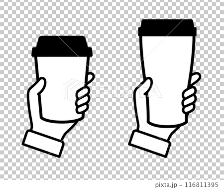テイクアウト用コーヒーカップ、タンブラーを持つ手のイラスト 116811395