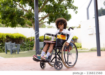 Portrait of happy african american schoolboy in wheelchair at school Portrait of happy african american schoolboy in wheelchair at school 116811560