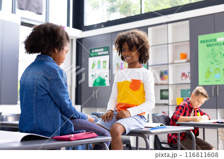 Happy diverse schoolchildren sitting at desks in school classroom 116811608