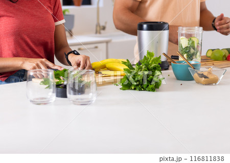 Preparing healthy smoothie, couple chopping vegetables and fruits in kitchen Preparing healthy smoothie, couple chopping vegetables and fruits in kitchen 116811838
