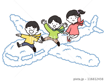 飛行機雲に乗って旅行をする男の子と女の子のイラスト素材 116812438