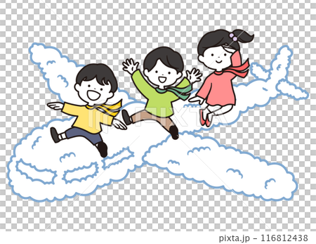 飛行機雲に乗って旅行をする男の子と女の子のイラスト素材 116812438