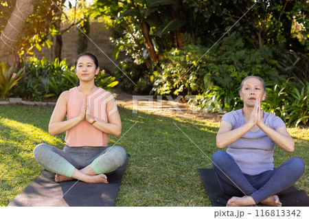 Practicing yoga outdoors, asian grandmother and granddaughter meditating on yoga mats in garden Practicing yoga outdoors, asian grandmother and granddaughter meditating on yoga mats in garden 116813342