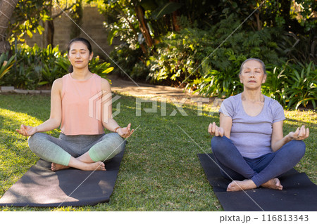 Meditating on yoga mats, asian grandmother and granddaughter practicing mindfulness in garden Meditating on yoga mats, asian grandmother and granddaughter practicing mindfulness in garden 116813343