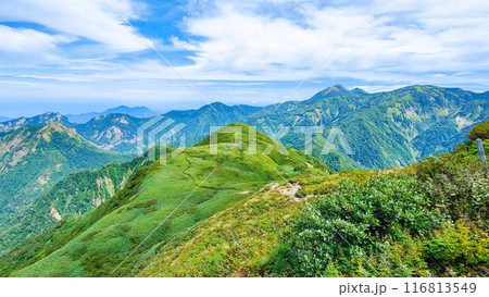 夏の雨飾山登山：山頂から笹平・焼山方面の眺め 116813549