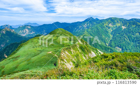 夏の雨飾山登山:山頂から笹平・焼山方面の眺め 夏の雨飾山登山:山頂から笹平・焼山方面の眺め 116813590