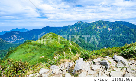 夏の雨飾山登山：山頂から笹平・焼山方面の眺め 116813668