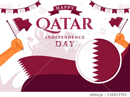 Happy Qatar Independence Day Vector Illustration for September 3rd featuring a Waving Flag and Ribbon in a Flat Style Cartoon Background 116813763