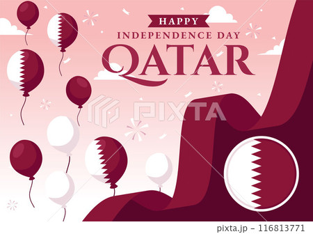 Happy Qatar Independence Day Vector Illustration for September 3rd featuring a Waving Flag and Ribbon in a Flat Style Cartoon Background 116813771