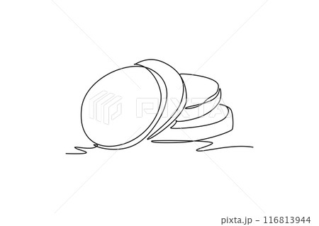 Single continuous line drawing sliced healthy organic spud potatoes for farm logo identity. Fresh food crop concept for vegan plantation icon. Dynamic one line draw graphic design vector illustration 116813944