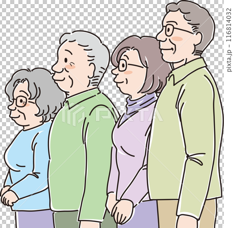 People of various ages_sideways_normal facial expressions_family of four_four elderly people_60s_70s_80s 116814032