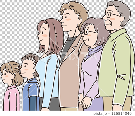 色々な年代の人物_横向き_普通の表情_3世代6人家族_小学生_両親_祖父母t 116814040