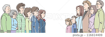 色々な年代の人物_横向き_普通の表情_向かい合って並ぶ人々_12人 116814409