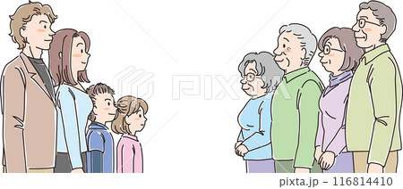 色々な年代の人物_横向き_普通の表情_向かい合って並ぶ人々_8人_若者4人_高齢者4人 116814410