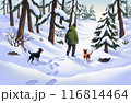 Man walking in pine forest with dog in winter covered with snow 116814464