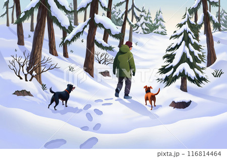 Man walking in pine forest with dog in winter covered with snow 116814464