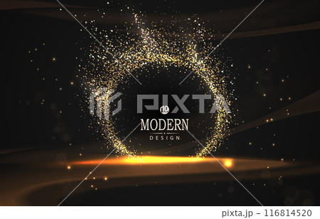 Abstract composition with round golden frame and tinsel on black background 116814520