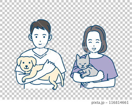 Illustration of a man and woman hugging a dog and a cat 116814661